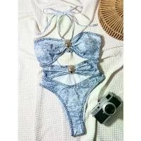 ราคา [Hot] Sexy Hollow Out Twist Bikini Denim Print Halter String Bandeau Swimsuit High Cut Swimwear Women Trend Bathing Suit Beach Biquini (1734891906665514734)