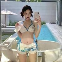 ราคา Bikini letter print halter neck top, sexy outfit, summer tie-up high-waisted shorts, women's three-piece set (1735378210990228621)