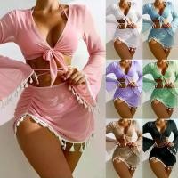 ราคา New European and American conservative four-piece set: solid color fringed cover-up, mesh short skirt, bikini swimsuit for women, accentuates the figure, sexy style (1735378271020024973)