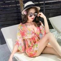 ราคา New Korean bikini sexy swimsuit plus size floral loose cover-up three-piece set hot spring swimwear (1735378371575514983)