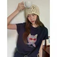 ราคา [Goming] Korean-style Commuting Beaded Glasses Print T-shirt Women's Summer 2025 New Short-sleeve Top N045C (1735103946355738419)