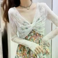 ราคา 2025 Sunscreen Shawl Lace Blouse for Women, Summer Layering Top with Suspender Skirt, Cover-Up Sheer Mesh Hollow Out Thin Top (1735285854865098510)