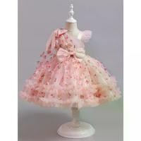 ราคา 2024 New Girls' Princess Birthday Party Dress - Sleeveless Single Shoulder Ruffled Tulle Skirt with Floral Appliqué & Bow Detail, Knee-Length Machine-Washable Formal Wear for Spe (1733570279839991652)