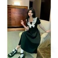 ราคา 2026 French retro little black dress with lace trim and doll collar, spring/summer plus-size dress for women with a tummy-concealing design (1734818392749409441)