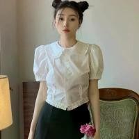 ราคา French-style white doll collar puff sleeve short-sleeve shirt for women, summer slim-fit, slimming short shirt for petite women (1735134124843828763)