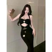 ราคา Cutout Sexy Rose Metal Buckle Halter Black Dress Women's Light Luxury Party Elegant Body-Flattering Long Dress (1735108465008477273)
