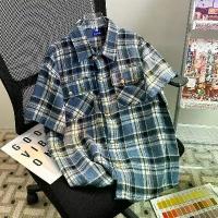ราคา Pocketed American-style workwear summer plaid short-sleeve shirt, trendy new vintage T-shirt, checkered shirt, loose-fitting top (1734847325575021825)