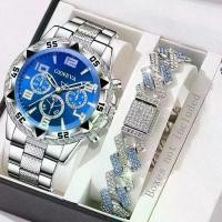 ราคา 【Fashion watch】 2PC Men's Watch Set Business Trend Digital Scale Blue Circular Dial Quartz Watch Bracelet Set Perfect Gift for Friends or Dad (1735140921778210501)