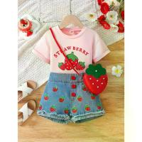 ราคา Girls' Summer Strawberry Print Short-Sleeve T-Shirt and Denim Shorts with Strawberry Embroidery, Multi-Button Raw Hem Shorts 2pcs Set, Matching Beaded Crossbody Bag, Sweet and Fr (1734096456256161689)