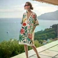 ราคา New Beach Vacation Style Dress Bohemian Print Loose V-Neck Short Sleeve Beach Cover-Up Women's Summer Wear (1733675268523656465)