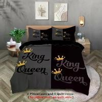 ราคา ชุดเครื่องนอนคู่ {MIMI} ผ้าห่มดาวเทอร์รี่พิมพ์ลายสีดำ-เทา ลายราชาและราชินี (1 ชุด + ปลอกหมอน 2 ใบ, ไม่มีไส้) (1734861680375269011)