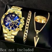 ราคา Men's Gold Watch & Jewelry Set (3pcs) – Geneva Chronograph Watch, Cuban Chain Bracelet, Spear Pendant Necklace & Ring, Trendy Street Style Accessory for Daily Wear นาฬิกา เพื่อ ส (1735214524184823605)