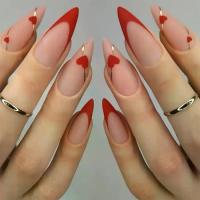 ราคา ซื้อสองชิ้นรับส่วนลด 10% ทำเล็บ ติดเล็บ เล็บปลอม เล็บปลอมแบบสวมใส่ข้ามพรมแดน ทรงอัลมอนด์ยาวปานกลาง ลายหัวใจสีแดงขอบทอง แผ่นติดเล็บคุณภาพสูง เล็บปลอม (1735011167285707843)