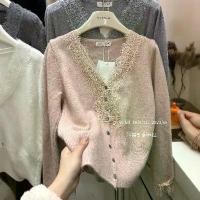 ราคา ชุดเสื้อเบสคอวีลูกไม้สำหรับผู้หญิง ฤดูใบไม้ร่วงและฤดูหนาว แขนยาวหนา ตัดแต่งลูกไม้ เสื้อคาร์ดิแกนถักนุ่ม{แนะนำน้ำหนัก 80-120 จีน (40-60 กก.) - อก 32-44 นิ้ว} (1733501155464610895)