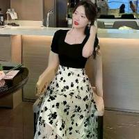 ราคา เดรสสีดํา ฝรั่งเศส วินเทจ ลายดอกไม้, กระโปรงยาวทรงเอ (1729711910628985103)
