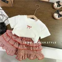 ราคา Korean Summer Kid Girls Outfit Cotton Bow Cartoon Striped Tops+plaid Cake Skirts Suits Loose Lace Hem Infant Babys Girl 2Pcs Set (1734997690222281741)