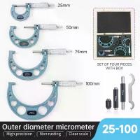 ราคา Micrometer set 0-25 mm-50 mm-75 mm-100 mm.4 pieces with standard wheel stopper, range 0-100 mm.Caliper gauge 0.01 mm. (1734565824966132826)