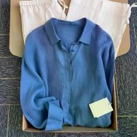 ราคา เสื้อเชิ้ตผ้าลินินสีน้ำเงินสไตล์ฝรั่งเศสสำหรับผู้หญิง, เสื้อเชิ้ตผ้าลินินทรงหลวมบางเบาสไตล์ Old Money สำหรับฤดูร้อน, เสื้อเชิ้ตผ้าฝ้ายผสมลินินแขนยาวป้องกันแสงแดด, เสื้อเชิ้ตผ้าลินินแขนยาว (17348886224