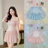 ราคา [Widelia @ Real] เดรสสายเดี่ยว เปิดไหล่ แขนยาว ซิปหลัง อกมีฟองน้ำ แต่งขอบระบายด้วยลูกไม้สีขาว (1735337278225352288)