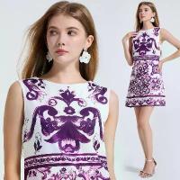 ราคา Real Shot European and American Style Printed Sleeveless Dress High Waist Slim Fit Round Neck Short Dress (1733200740160997199)