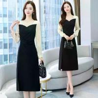 ราคา Real shot of plus-size square-neck dress for women, new autumn style, slimming for slightly plump women, long-sleeved, patchwork midi dress (1734666703161886299)