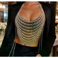 ราคา L9061Y European and American silver chain neck bra chain pearl pendant small vest top real shot (1734749773156353065)