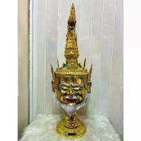 ราคา ♢เศียรครู ปู่ภุชงค์ นาคราช หน้าทอง ขนาดครอบศรีษะ งานกระดาษ ใส่ตาแก้ว ปิดทองเค ประดับพลอย พร้อมฐานไม้อัดสีแดงฟรี khon mask✤ (1735528152998774455)