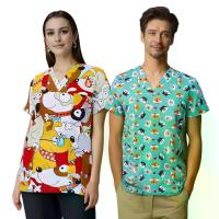ราคา 2025 Cartoon Print Scrub Shirt Women V-neck Short Sleeve T-shirt Top Surgical Gown Workwear Men (1733341871595947435)