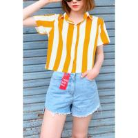 ราคา เสื้อเชิ้ตครอปผู้หญิงแขนสั้น ลายริ้ว เสื้อฮาวายสไตล์เกาหลี Hawaii shirt ผ้าไหมอิตาลี เสื้อครอปแฟชั่นผู้หญิง เสื้อใส่ทำงาน (1730242423586261530)