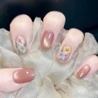 ราคา เล็บปลอมกดทับ NO.159 สไตล์ฝรั่งเศส ลายดอกไม้สีชมพูประดับด้วยเพชรสีชมพู แวววาว ทรงตาแมว (1731400384030344763)