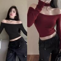 ราคา เสื้อครอปสำหรับผู้หญิง เปิดไหล่ เอวลอย มีสายคล้องคอ แฟชั่นสาวเกาหลี Sexy สีเรียบ Clothing Lady Women (1729997909030963377)