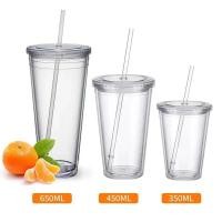 ราคา แก้วน้ำขวดใสสองชั้น มีฝาปิดและฟาง มีให้เลือก 350/450/650ml ทำจากพลาสติกแบบใช้ซ้ำได้ เหมาะสำหรับชาเขียว กาแฟ น้ำผลไม้ ชามสมูทตี้ ถ้วย ขวดน้ําใส่ตู้เย็น (1731350096471295541)