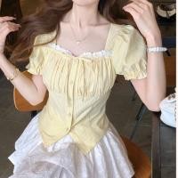 ราคา เสื้อเชิ้ตสีเหลืองผ่าหน้าผูกเชือกสไตล์ลำลองสำหรับผู้หญิงในฤดูใบไม้ผลิและฤดูร้อน (1732074014093640815)