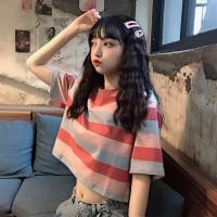 ราคา เสื้อยืดแขนสั้นคอกลม เอวลอย ลายทาง ผ้ายืด Y78 Lady ผู้หญิง Clothing Women Tshirt (1730076373812415238)