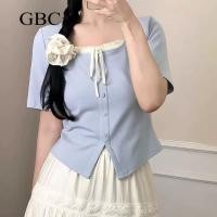 ราคา GBC พลัสไซส์ เสื้อยืดแฟชั่น คอแต่งลูกไม้ผูกโบว์ ผ้ายืดหยุ่น ระบายอากาศ ไม่ร้อน (1731368396810258204)