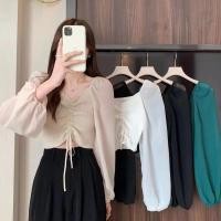 ราคา เสื้อถักนิตติ้งสำหรับผู้หญิง, แขนฟอง, เสื้อเบลาส์รูด, สไตล์ฝรั่งเศส, ครอปเกาะอก, คอปก, เสื้อเบลาส์ชีฟองสั้น, [COD] (1730960394687777500)