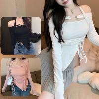 ราคา เสื้อยืด แสดงไหล่ สไตล์เก๋ ความสวยงาม สไตล์ผูกเอว ชุดเสื้อผ้า Clothing Lady Women ผู้หญิง (1730249176737286685)