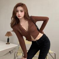 ราคา ใหม่ เสื้อยืดลูกไม้คอวีแขนยาวทรงเข้ารูปที่ชายเสื้อ Clothing Lady Women ผู้หญิง (1729614956606556237)