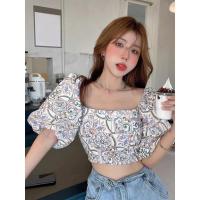 ราคา เสื้อยืดสั้นวินเทจพิมพ์ลายกราฟิก เสื้อคอปกสี่เหลี่ยม เสื้อครอปปาดไหล่วินเทจ เสื้อครอปสั้น ผู้หญิง Clothing Women Lady (1729625319179782321)