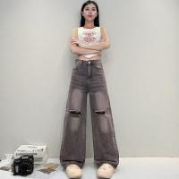 ราคา NAMCHA กางเกงยีนส์เอวสูงทรงกระบอกกลาง สีน้ำตาลสนิมแต่งขาด 2817 (1732090515901286221)