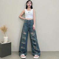 ราคา NAMCHA กางเกงยีนส์กระบอกกลางเอวสูง แต่งขาด สีกรีนบลู 2587 (1732231951868659533)