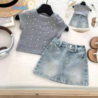 ราคา Nin.Shop ชุดเด็กผู้หญิงน่ารัก ชุดเซ็ต 2ชิ้น เสื้อยืดสีเทาประดับเพรช+กระโปรงยีนส์ สไตล์เกาหลี #422 (1732179356983461868)