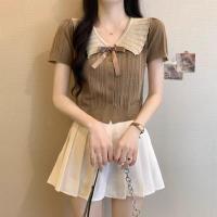 ราคา Gamin-0699 เสื้อแขนสั้นคอปก เสื้อไหมพรมแขนสั้น แต่งโบว์หน้าน่ารักเกาหลี (X029) (1731306653792438237)