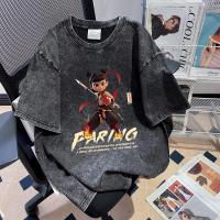 ราคา พิมพ์การ์ตูนทำเสื้อยืดเก่าชายและหญิงแนวโน้มฤดูร้อนหลวมสบาย ๆ Nezha ครึ่งแขนวัยรุ่นรอบคอเสื้อยืด (1732029467025967611)