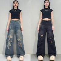 ราคา NAMCHA กางเกงยีนส์เอวสูงทรงกระบอกกลาง สีดำอเมริกันแต่งเฟดขาด 2641 2642 (1731835139005974349)