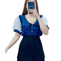 ราคา เสื้อคอบัวกระดุมหน้า แขนพองแต่งลูกไม้ ผ้าไหมอิตาลีสีพื่น Lady Clothing ผู้หญิง Women (1730625165074139613)
