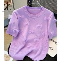 ราคา เสื้อสวมหัว แขนสั้น บาง ดีไซน์ลูกไม้ถัก คอกลมผู้หญิง เสื้อประดับด้วยลูกปัดโบว์ Clothing Women (1730741739974724458)