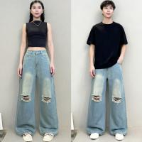 ราคา MAXJEANSกางเกงยีนส์เอวสูงทรงกระบอก สีวินเทจฟอกเก่า แต่งขาดเข่า 68001 (1732698578679334733)