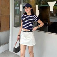 ราคา "พร้อมส่ง เสื้อครอปสั้นคอกลมลายทาง สไตล์เกาหลีวินเทจ" ผู้หญิง Clothing Women Lady Tshirt (1729887759781562545)