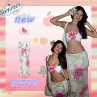 ราคา ชุดเดรสยาวชายหาดบิกินี่สีขาว ทรง Bandeau สองชิ้น พิมพ์ลายดอกไม้เอวสูง#0836 (1731985400834852144)